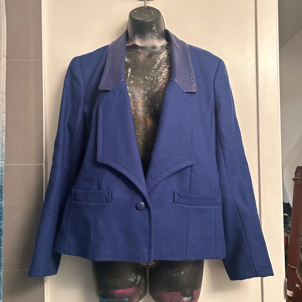 Vintage Wool + Leather Blue Blazer